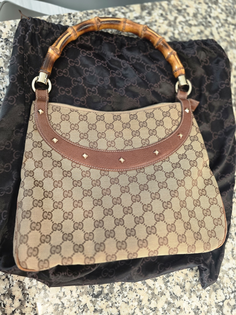 Gucci Beige Brown GG Canvas Shoulder Bag with Bamboo Handle